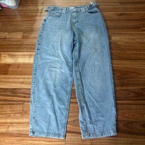DeFacto Wide Leg baggy‎ Jeans Buckle Detail Light Wash Denim Pants Size 10